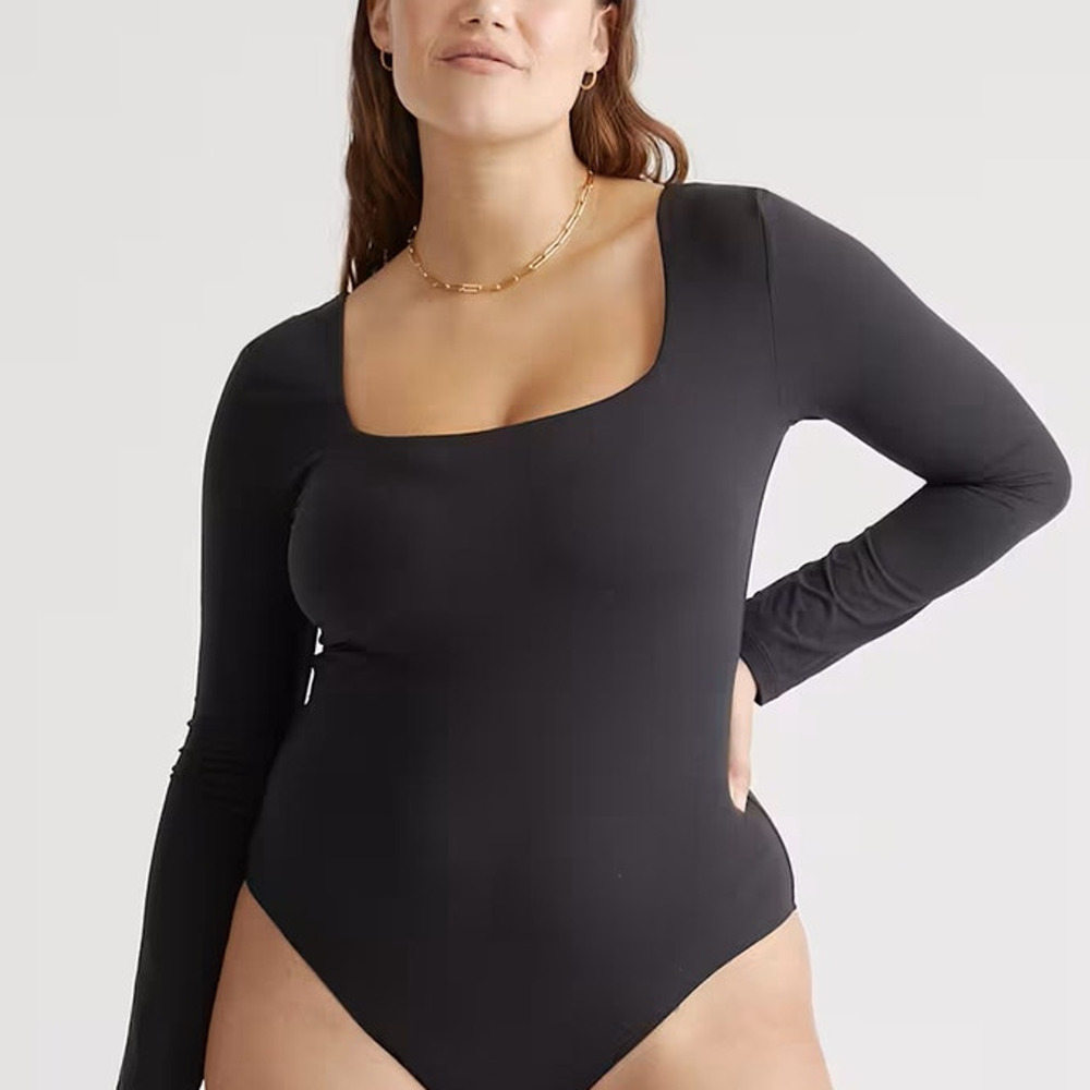NWT Quince Second Skin Bodysuit Square Neck Long Sleeve Top Black Womens Size XS